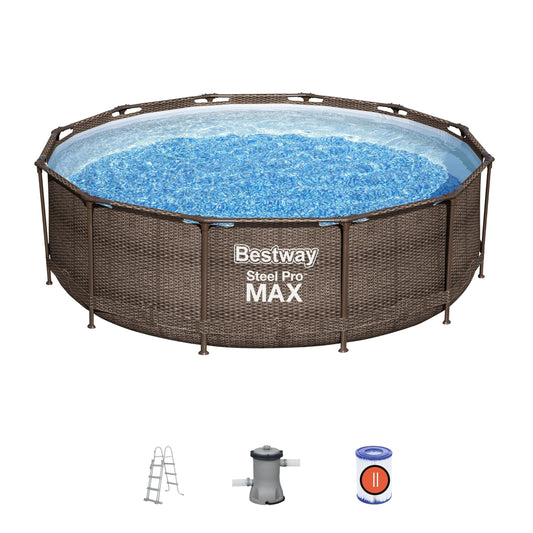 12ft x 39.5in Rattan Print Round Steel Pro Max Deluxe Above Ground Pool Set - Outlet