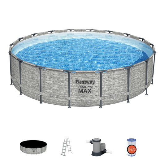 18ft x 48in Stone Print Round Steel Pro Max Above Ground Pool Set - Outlet